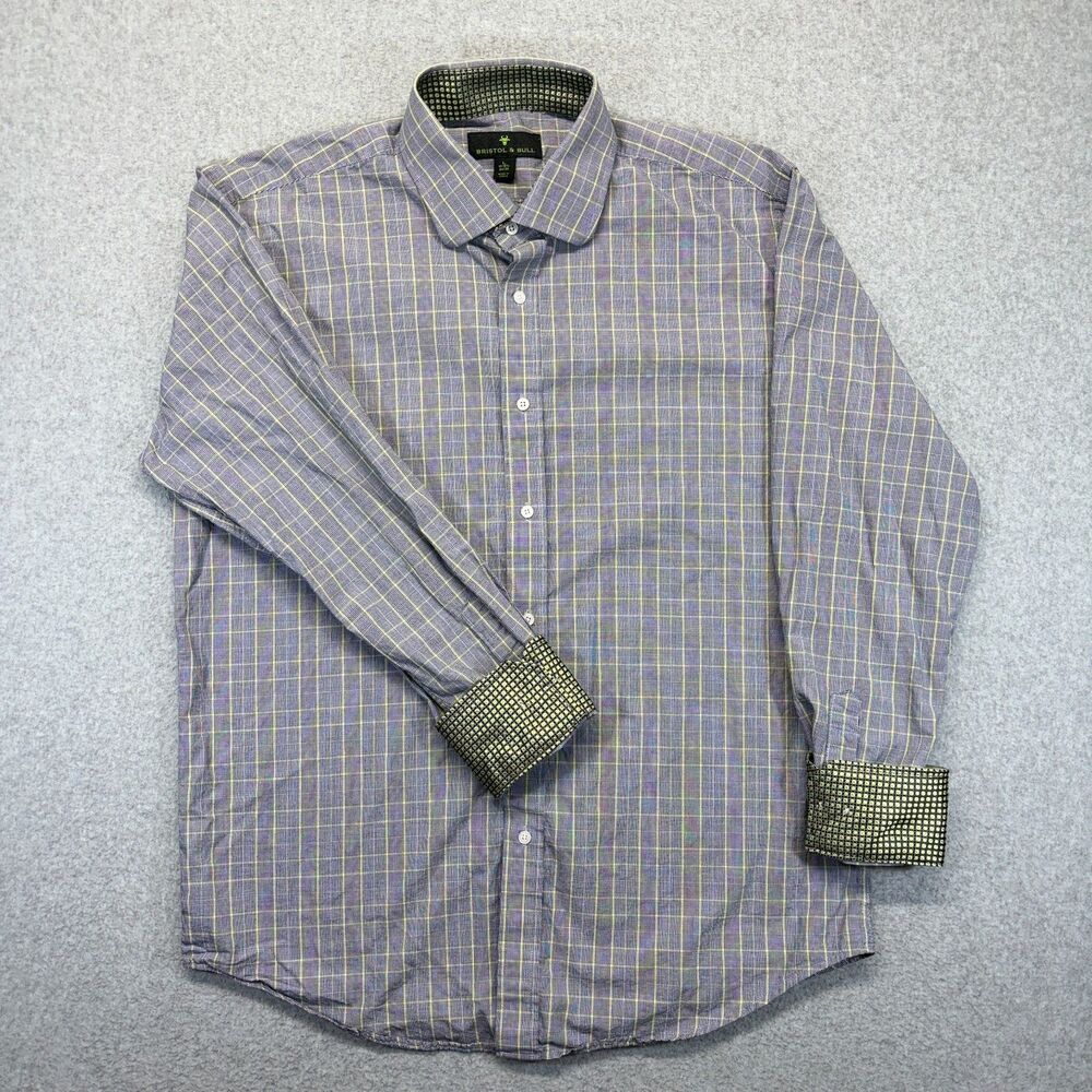 Bristol & Bull Plaid Button Up Shirt Men’s L Gray Yellow Long Sleeve